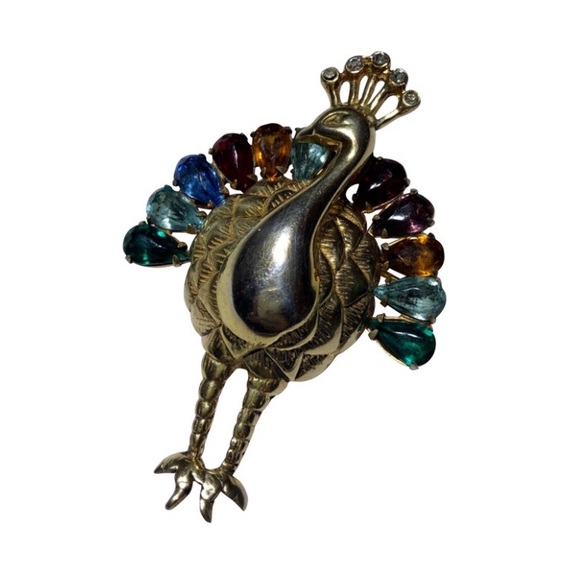 Vintage Sterling Peacock Rhinestone Brooch Pin